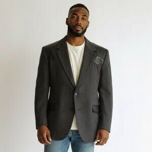 Vintage Sport Coat Jacket Men 44 Leather Tweed Gray Black Pioneer Wear Retro